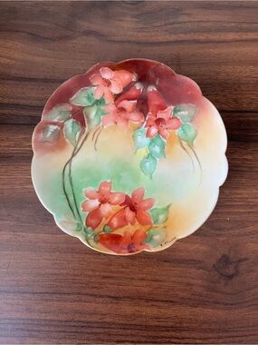 Small Hand Painted Orange Trumpet Vine Flowers Porcelain Plate Austrian
